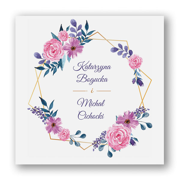 Zaproszenie ślubne z różowymi i fioletowymi kwiatami