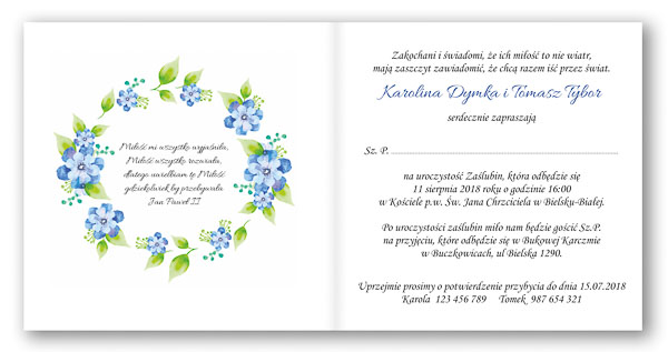 Zaproszenie ślubne z geometrycznym nadrukiem i niebieskimi kwiatami
