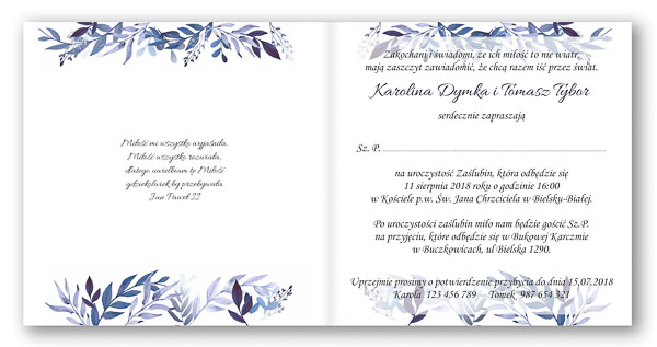 Zaproszenie ślubne z geometrycznym nadrukiem i niebieskimi listkami