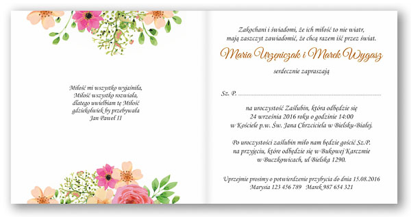 Zaproszenie ślubne kwiatowe ze wstążką wianki