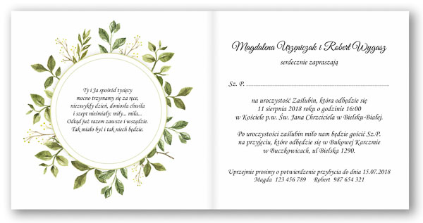 Zaproszenia ślubne ze wstążką wianki zielone liście 