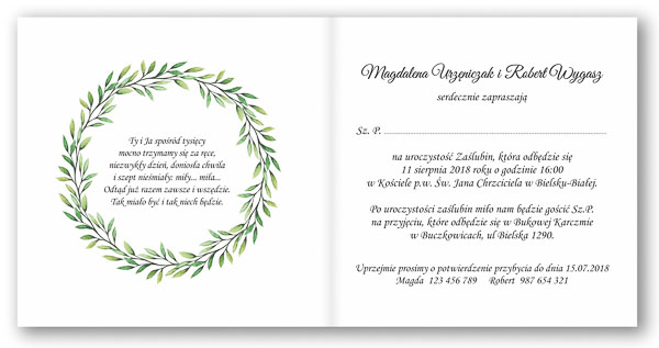 Zaproszenia ślubne ze wstążką wianki zielone liście 