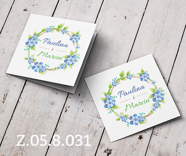 Zaproszenia ślubne geometryczne z niebieskimi kwiatuszkami