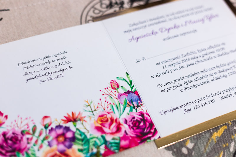 Eleganckie zaproszenia na ślub glamour złote z kwiatami