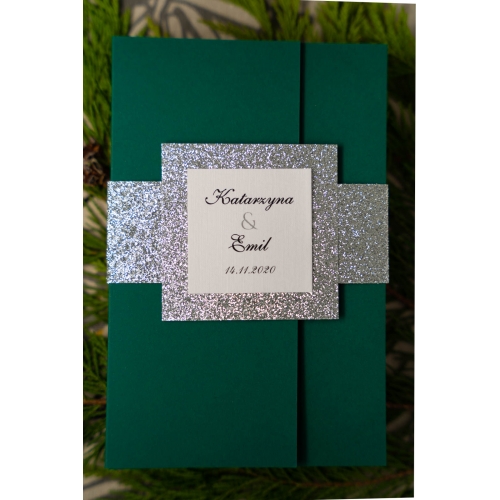 Zaproszenia folderowe zielone + srebrny brokat Z.10.1.003 D