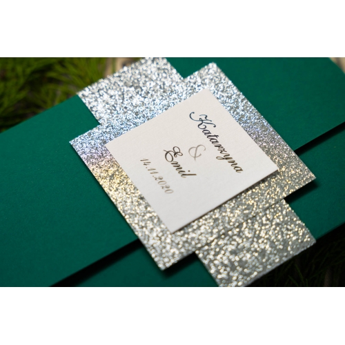 Zaproszenia folderowe zielone + srebrny brokat Z.10.1.003 D