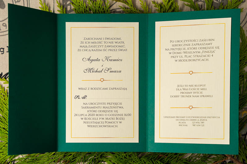 Zaproszenia na ślub envelope zielone składane z opaską 