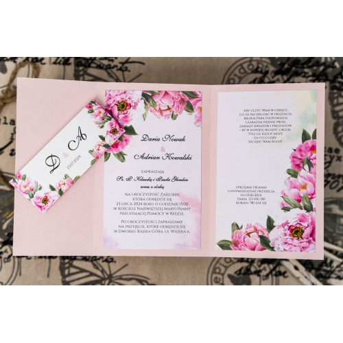 Kopertowe zaproszenia ślubne różowy z peoniami Z.14.1.003