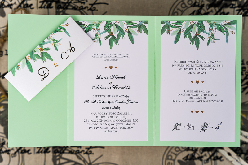 Zaproszenia ślubne kopertowe - jasne zielone wnętrze z zielonymi listkami
