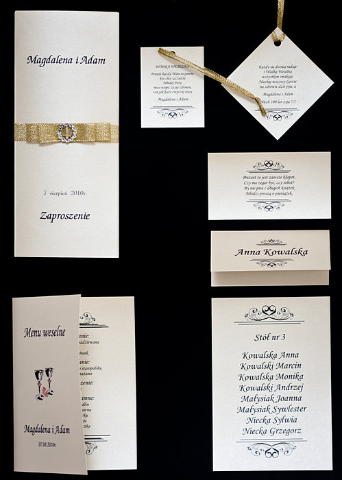 Kolekcja papeterii ślubnej w której skład wchodzą: zaproszenia ślubne, winietki, menu weselne, zawieszki na alkohol, wkładki do zaproszeń