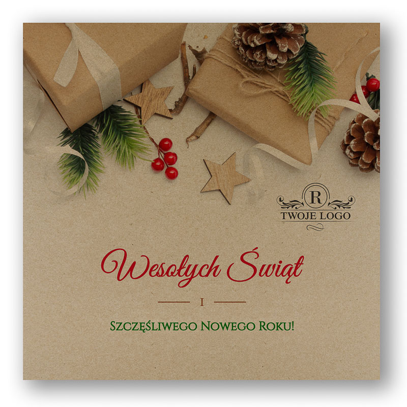 Kartki na święta Bożego Narodzenia dla firm, urzędu, instytucji z dekoracją z prezentów