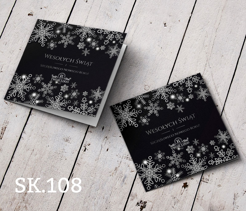 Drukowane kartki świąteczne firmowe ze srebrnymi śnieżynkami