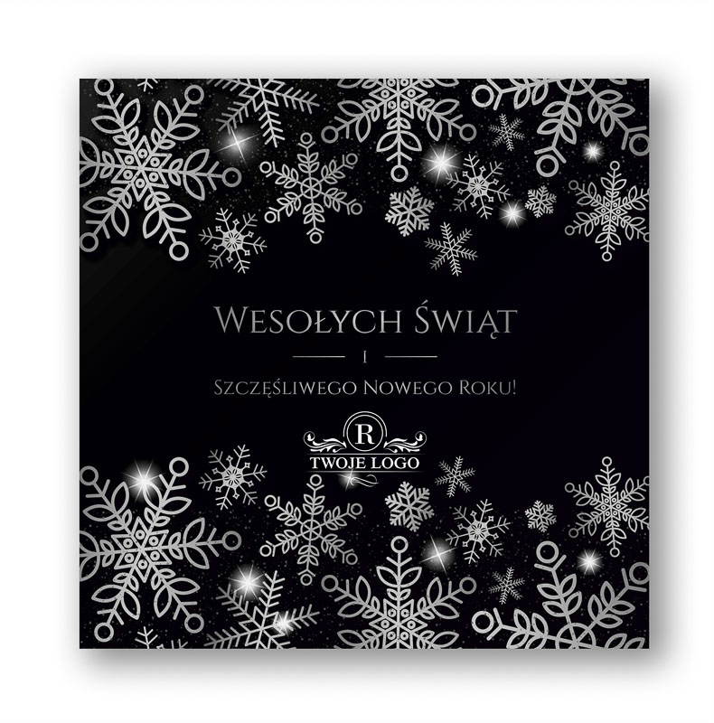 Drukowane kartki świąteczne firmowe ze srebrnymi śnieżynkami