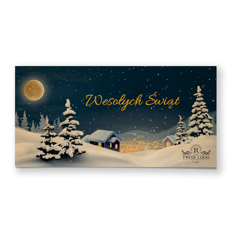 Tanie kartki na święta dla firm z zimowym krajobrazem na nocnym tle