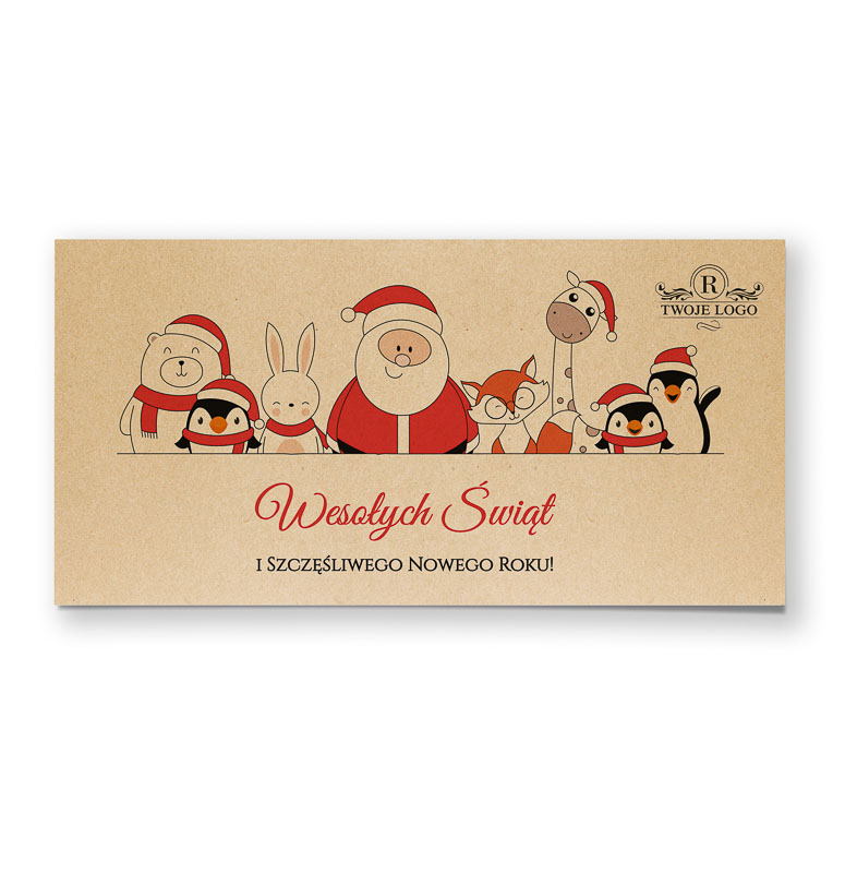 Kartki na święta dla biznesu tanio i szybko - na wesoło: z Mikołajem i zwierzętami: