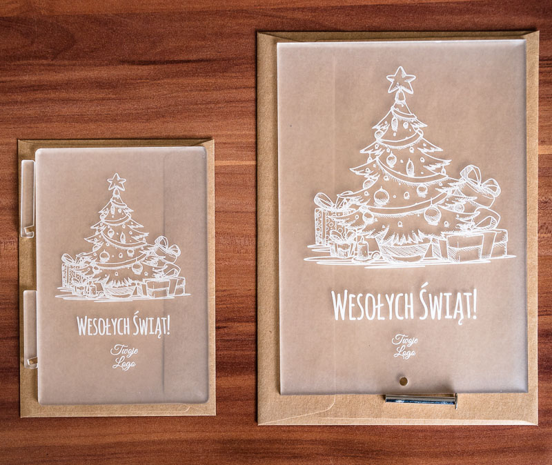 Biznesowe kartki świąteczne - statuetki z akrylu z grawerem życzeń i logo