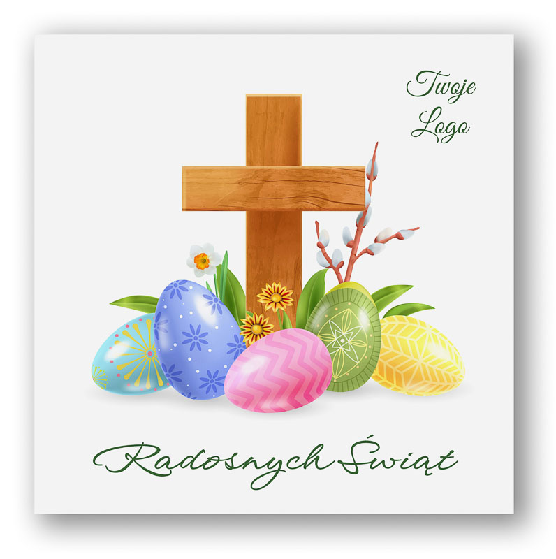 Wielkanocne kartki świąteczne dla firm pastelowe z krzyżem i pisankami