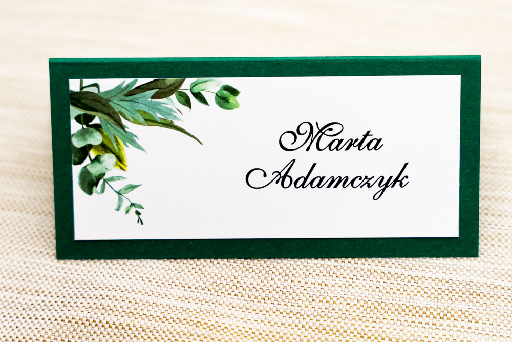 Zielone winietki weselne z listkami + ziemny zielony papier