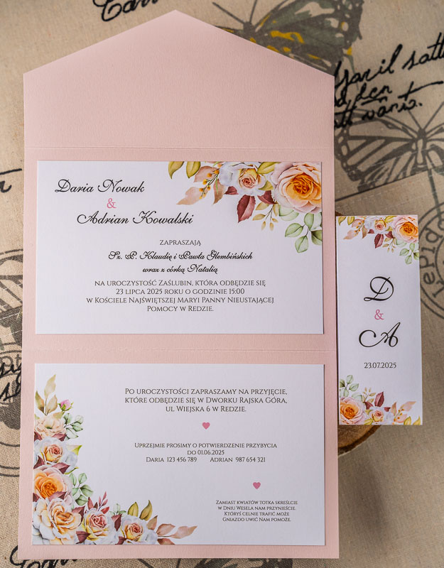 Tanie zaproszenia ślubne jak koperta - różowy papier + herbaciane róże
